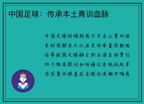中国足球：传承本土青训血脉
